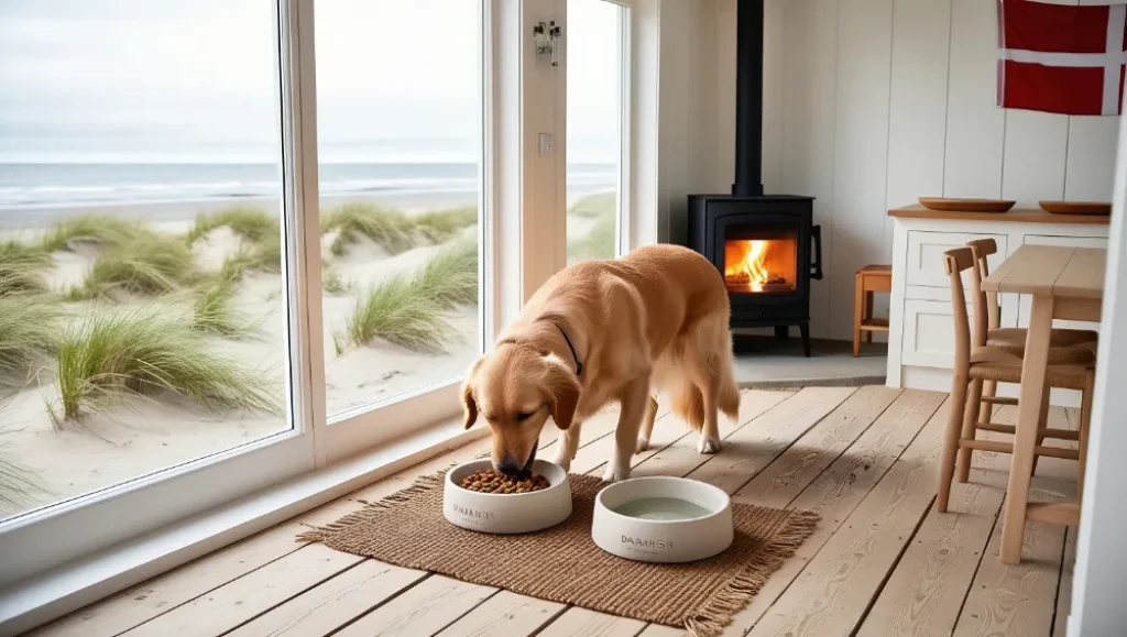 Hund frisst Trockenfutter in einem Ferienhaus in Dänemark (Ki Bild)