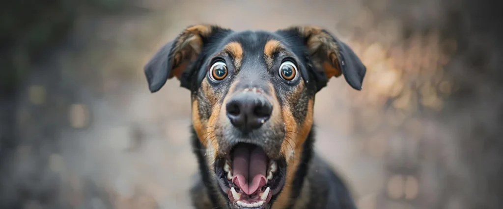 Überraschter Hund mit offenem Maul wegen Rückrufaktion